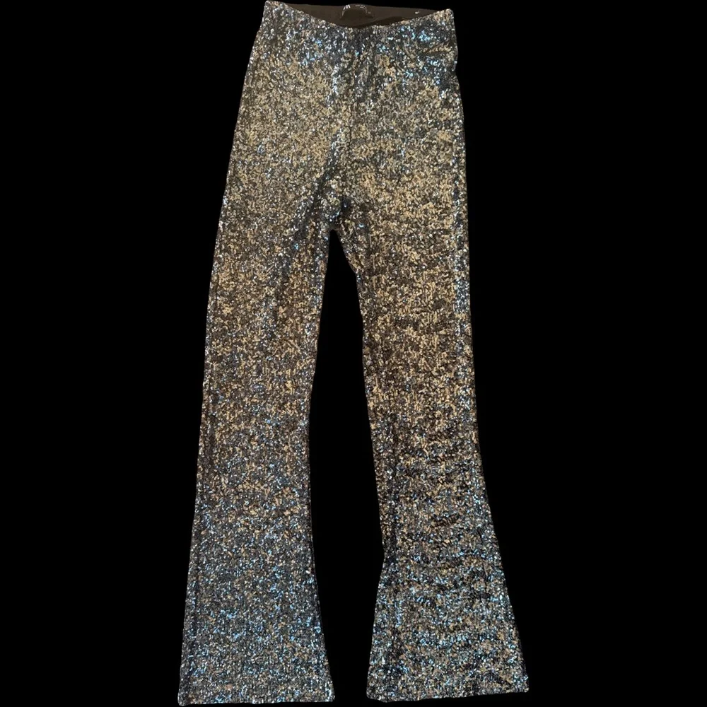Zara Black Sequin Flare Pants S - Picture 5 of 7